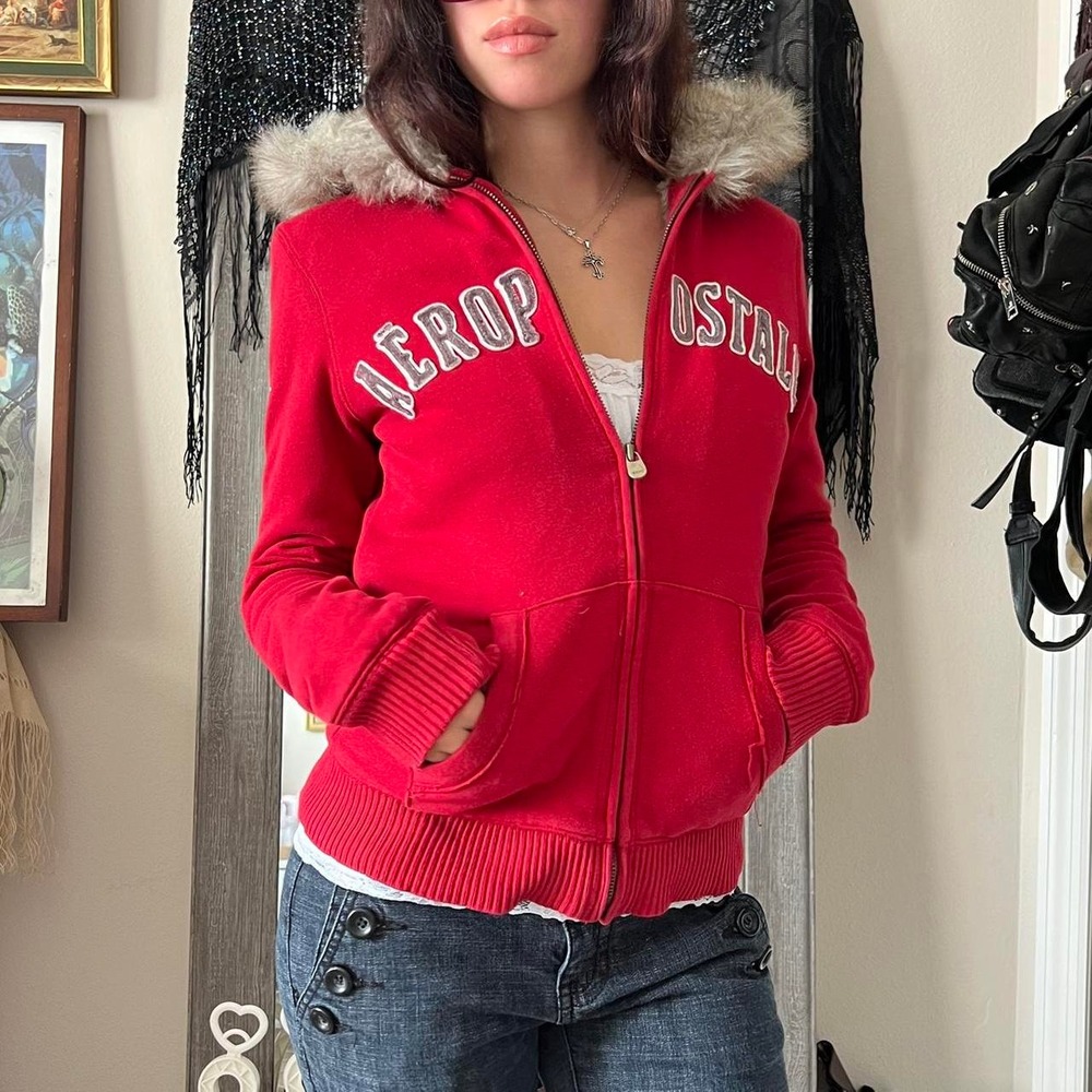Aeropostale Red Faux Fur Lined Zip Up Hoodie Y2K Vintage Womens Medium